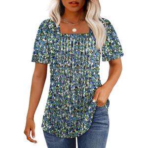 imageOFEEFAN T Shirts for Women Pleated Square Neck Dressy Casual Blouses Puff Short Sleeve Summer Tops Loose FitFloral Blue