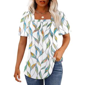 imageOFEEFAN T Shirts for Women Pleated Square Neck Dressy Casual Blouses Puff Short Sleeve Summer Tops Loose FitFloral Leaf