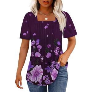 imageOFEEFAN T Shirts for Women Pleated Square Neck Dressy Casual Blouses Puff Short Sleeve Summer Tops Loose FitFloral Purple