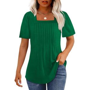 imageOFEEFAN T Shirts for Women Pleated Square Neck Dressy Casual Blouses Puff Short Sleeve Summer Tops Loose FitGreen