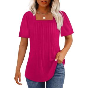 imageOFEEFAN T Shirts for Women Pleated Square Neck Dressy Casual Blouses Puff Short Sleeve Summer Tops Loose FitHot Pink