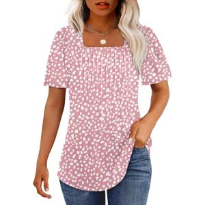 imageOFEEFAN T Shirts for Women Pleated Square Neck Dressy Casual Blouses Puff Short Sleeve Summer Tops Loose FitPink Leopard