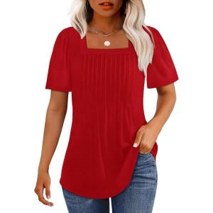imageOFEEFAN T Shirts for Women Pleated Square Neck Dressy Casual Blouses Puff Short Sleeve Summer Tops Loose FitRed