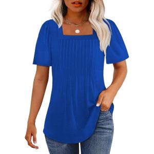 imageOFEEFAN T Shirts for Women Pleated Square Neck Dressy Casual Blouses Puff Short Sleeve Summer Tops Loose FitRoyal Blue