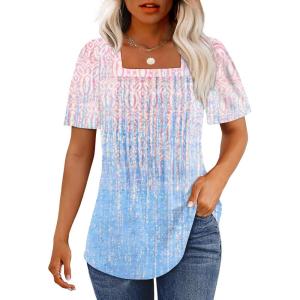 imageOFEEFAN T Shirts for Women Pleated Square Neck Dressy Casual Blouses Puff Short Sleeve Summer Tops Loose FitTie Die Pink