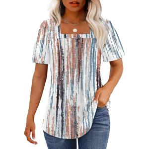 imageOFEEFAN T Shirts for Women Pleated Square Neck Dressy Casual Blouses Puff Short Sleeve Summer Tops Loose FitTie Dye White