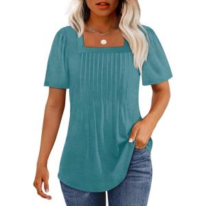 imageOFEEFAN T Shirts for Women Pleated Square Neck Dressy Casual Blouses Puff Short Sleeve Summer Tops Loose FitTurquoise