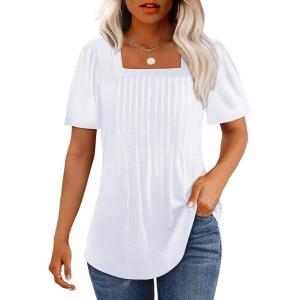 imageOFEEFAN T Shirts for Women Pleated Square Neck Dressy Casual Blouses Puff Short Sleeve Summer Tops Loose FitWhite