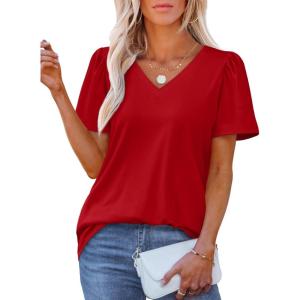 imageOFEEFAN T Shirts for Women V Neck Dressy Casual Blouses Puff Short Sleeve Summer Tops Loose Fit2red