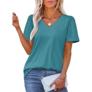 imageOFEEFAN T Shirts for Women V Neck Dressy Casual Blouses Puff Short Sleeve Summer Tops Loose Fit2turquoise