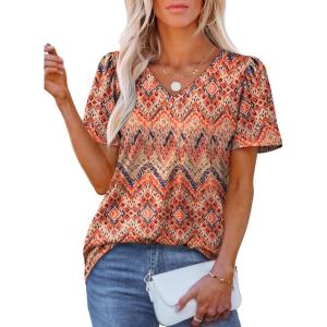 imageOFEEFAN T Shirts for Women V Neck Dressy Casual Blouses Puff Short Sleeve Summer Tops Loose Fit3boho