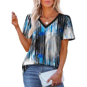 imageOFEEFAN T Shirts for Women V Neck Dressy Casual Blouses Puff Short Sleeve Summer Tops Loose Fit3tech Print