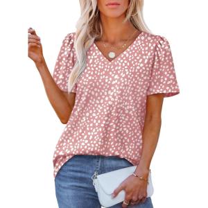 imageOFEEFAN T Shirts for Women V Neck Dressy Casual Blouses Puff Short Sleeve Summer Tops Loose Fit4pink Leopard