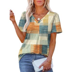 imageOFEEFAN T Shirts for Women V Neck Dressy Casual Blouses Puff Short Sleeve Summer Tops Loose Fit5pleated2