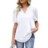 imageOFEEFAN Womens Pleated Puff Sleeve Tops Summer V Neck Tunic Shirts Loose Curved Hem Blouses Dressy Casual S3XL002white