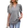 imageOFEEFAN Womens Pleated Puff Sleeve Tops Summer V Neck Tunic Shirts Loose Curved Hem Blouses Dressy Casual S3XL003grey