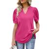 imageOFEEFAN Womens Pleated Puff Sleeve Tops Summer V Neck Tunic Shirts Loose Curved Hem Blouses Dressy Casual S3XL0041hot Pink