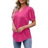 imageOFEEFAN Womens Pleated Puff Sleeve Tops Summer V Neck Tunic Shirts Loose Curved Hem Blouses Dressy Casual S3XL0041hot Pink