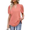 imageOFEEFAN Womens Pleated Puff Sleeve Tops Summer V Neck Tunic Shirts Loose Curved Hem Blouses Dressy Casual S3XL004coral
