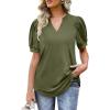 imageOFEEFAN Womens Pleated Puff Sleeve Tops Summer V Neck Tunic Shirts Loose Curved Hem Blouses Dressy Casual S3XL0061army Green