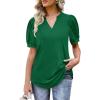 imageOFEEFAN Womens Pleated Puff Sleeve Tops Summer V Neck Tunic Shirts Loose Curved Hem Blouses Dressy Casual S3XL006green