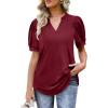imageOFEEFAN Womens Pleated Puff Sleeve Tops Summer V Neck Tunic Shirts Loose Curved Hem Blouses Dressy Casual S3XL0071burgundy