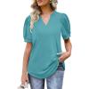 imageOFEEFAN Womens Pleated Puff Sleeve Tops Summer V Neck Tunic Shirts Loose Curved Hem Blouses Dressy Casual S3XL007turquoise