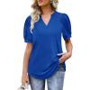 imageOFEEFAN Womens Pleated Puff Sleeve Tops Summer V Neck Tunic Shirts Loose Curved Hem Blouses Dressy Casual S3XL008royal Blue