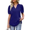 imageOFEEFAN Womens Pleated Puff Sleeve Tops Summer V Neck Tunic Shirts Loose Curved Hem Blouses Dressy Casual S3XL009navy Blue