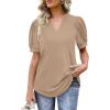 imageOFEEFAN Womens Pleated Puff Sleeve Tops Summer V Neck Tunic Shirts Loose Curved Hem Blouses Dressy Casual S3XL010khaki