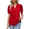 imageOFEEFAN Womens Pleated Puff Sleeve Tops Summer V Neck Tunic Shirts Loose Curved Hem Blouses Dressy Casual S3XL011red