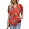 imageOFEEFAN Womens Pleated Puff Sleeve Tops Summer V Neck Tunic Shirts Loose Curved Hem Blouses Dressy Casual S3XLC25red Floral