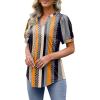 imageOFEEFAN Womens Pleated Puff Sleeve Tops Summer V Neck Tunic Shirts Loose Curved Hem Blouses Dressy Casual S3XLC28khaki Stripe