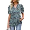imageOFEEFAN Womens Pleated Puff Sleeve Tops Summer V Neck Tunic Shirts Loose Curved Hem Blouses Dressy Casual S3XLC291floral Blue