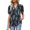 imageOFEEFAN Womens Pleated Puff Sleeve Tops Summer V Neck Tunic Shirts Loose Curved Hem Blouses Dressy Casual S3XLC29firefly Blue