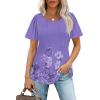 imageOFEEFAN Womens T Shirts Short Sleeve Pleated Dressy Casual Scooped Neck Summer Tops Blouses2floral Purple