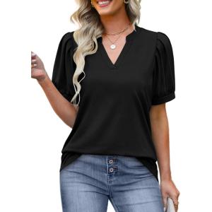 imageOFEEFAN Womens Pleated Puff Sleeve Tops Summer V Neck Tunic Shirts Loose Curved Hem Blouses Dressy Casual S3XL001black