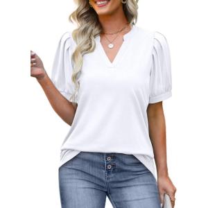 imageOFEEFAN Womens Pleated Puff Sleeve Tops Summer V Neck Tunic Shirts Loose Curved Hem Blouses Dressy Casual S3XL002white