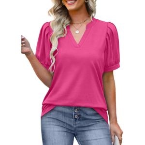 imageOFEEFAN Womens Pleated Puff Sleeve Tops Summer V Neck Tunic Shirts Loose Curved Hem Blouses Dressy Casual S3XL0041hot Pink