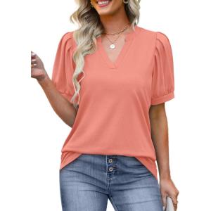 imageOFEEFAN Womens Pleated Puff Sleeve Tops Summer V Neck Tunic Shirts Loose Curved Hem Blouses Dressy Casual S3XL004coral