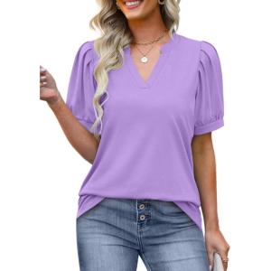 imageOFEEFAN Womens Pleated Puff Sleeve Tops Summer V Neck Tunic Shirts Loose Curved Hem Blouses Dressy Casual S3XL0050lavender