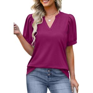 imageOFEEFAN Womens Pleated Puff Sleeve Tops Summer V Neck Tunic Shirts Loose Curved Hem Blouses Dressy Casual S3XL005purple