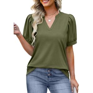 imageOFEEFAN Womens Pleated Puff Sleeve Tops Summer V Neck Tunic Shirts Loose Curved Hem Blouses Dressy Casual S3XL0061army Green