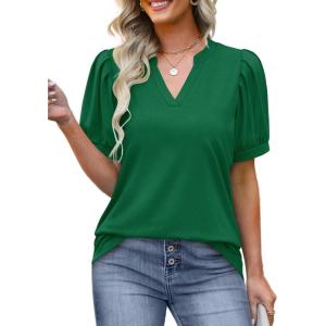 imageOFEEFAN Womens Pleated Puff Sleeve Tops Summer V Neck Tunic Shirts Loose Curved Hem Blouses Dressy Casual S3XL006green