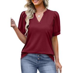 imageOFEEFAN Womens Pleated Puff Sleeve Tops Summer V Neck Tunic Shirts Loose Curved Hem Blouses Dressy Casual S3XL0071burgundy