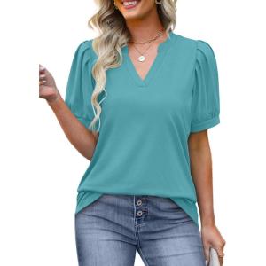 imageOFEEFAN Womens Pleated Puff Sleeve Tops Summer V Neck Tunic Shirts Loose Curved Hem Blouses Dressy Casual S3XL007turquoise