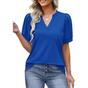 imageOFEEFAN Womens Pleated Puff Sleeve Tops Summer V Neck Tunic Shirts Loose Curved Hem Blouses Dressy Casual S3XL008royal Blue