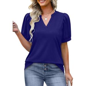 imageOFEEFAN Womens Pleated Puff Sleeve Tops Summer V Neck Tunic Shirts Loose Curved Hem Blouses Dressy Casual S3XL009navy Blue