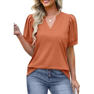 imageOFEEFAN Womens Pleated Puff Sleeve Tops Summer V Neck Tunic Shirts Loose Curved Hem Blouses Dressy Casual S3XL0101orange