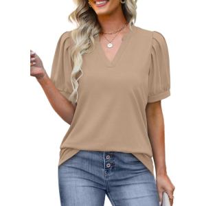 imageOFEEFAN Womens Pleated Puff Sleeve Tops Summer V Neck Tunic Shirts Loose Curved Hem Blouses Dressy Casual S3XL010khaki